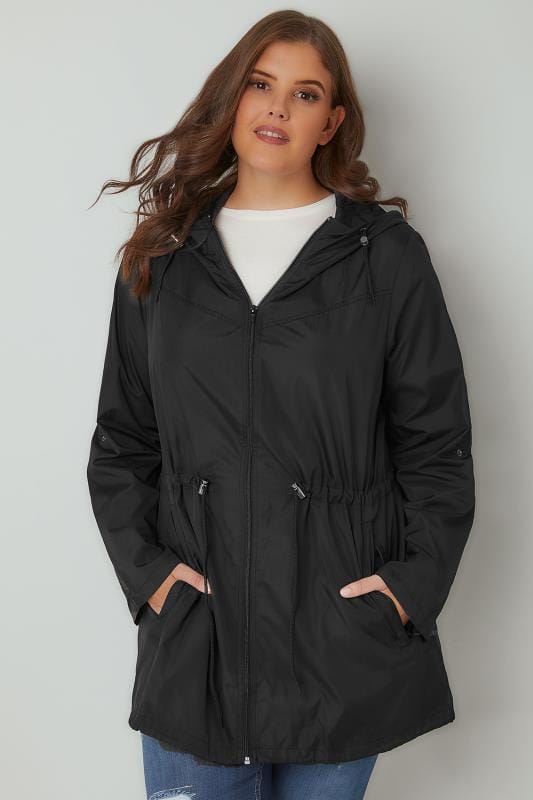 Black Pocket Parka Jacket With Hood, Plus size 16 to 36