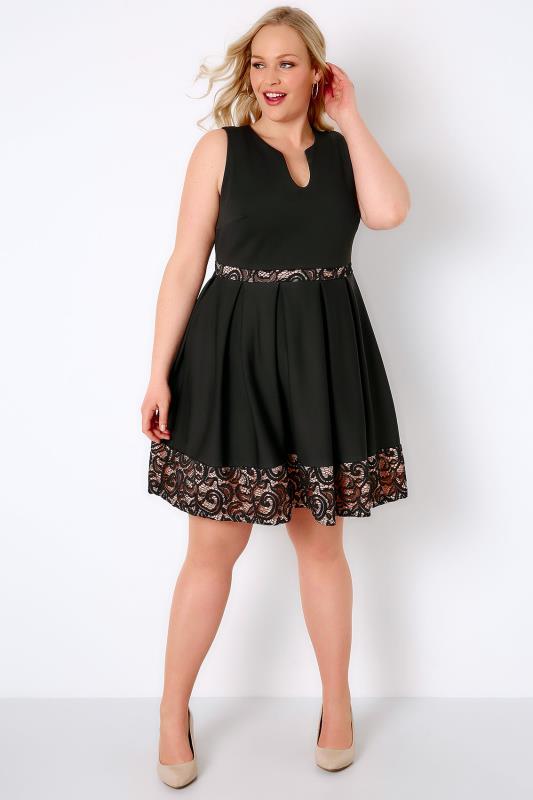 Black Skater Dress With Nude Lace Panels & Notch Neck, Plus Size 16 to 36