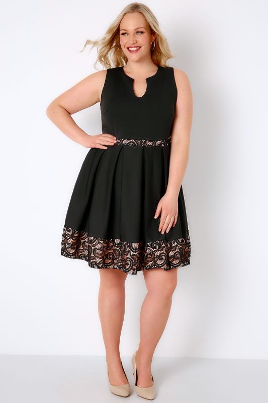 Black Skater Dress With Nude Lace Panels & Notch Neck, Plus Size 16 to 36