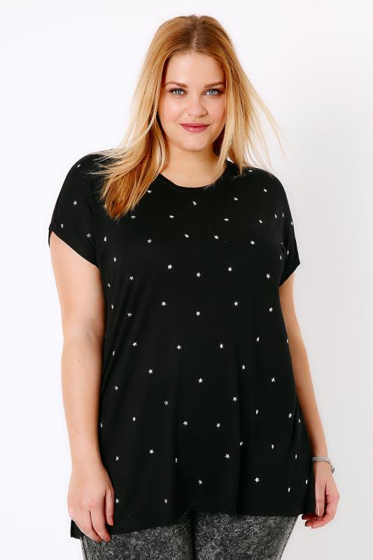 Black & Silver Star Studded T-Shirt With Curved Hem, Plus Size 16 to 36