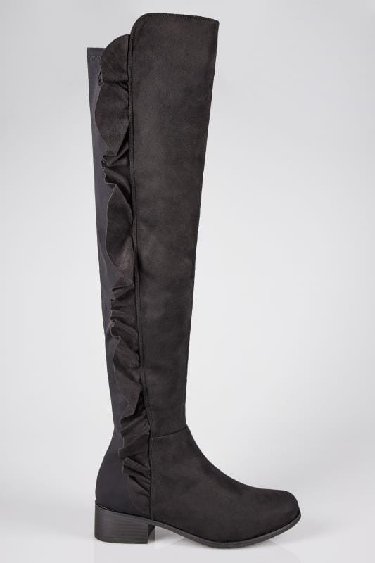 Black Stretch Over The Knee Boots With Side Frill Detail In E Fit
