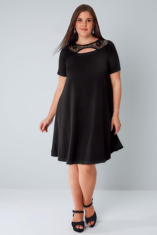 Black Swing Dress With Cut Out Neckline And Lace Panel Plus Size 16 To 36