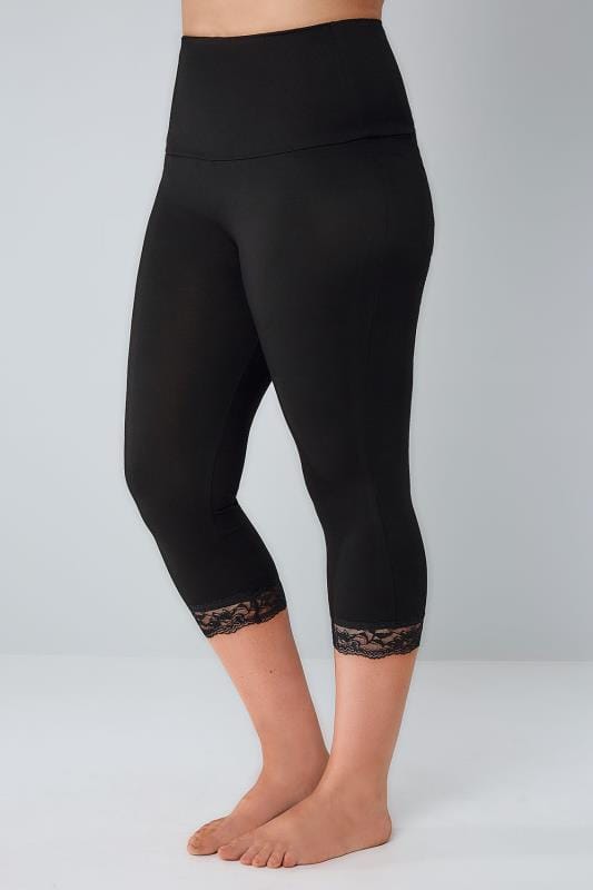 Black Tummy Control Cropped Leggings With Lace Trim Plus