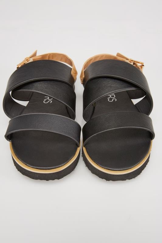 Black Three Strap Flat Sandals With Contrast Ba In EEE Fit 4EEE, 5EEE ...