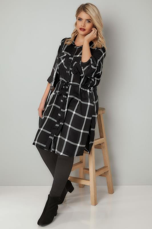 Black & White Checked Longline Shirt With Tie Waist, Plus size 16 to 36