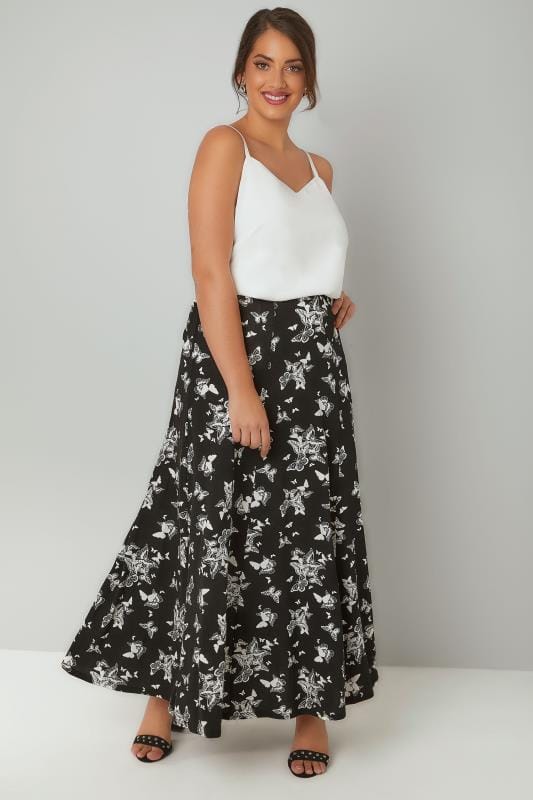 Black & White Monochrome Butterfly Print Maxi Skirt, Plus size 16 to 36