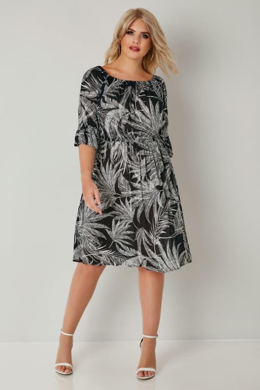Black & White Palm Print Gypsy Dress, Plus size 16 to 36