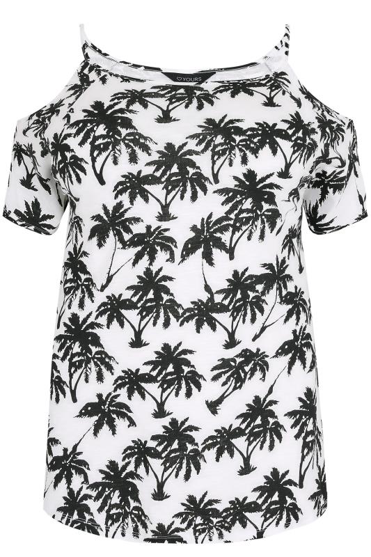 Black & White Palm Tree Print Strappy Cold Shoulder Jersey Top, Plus ...