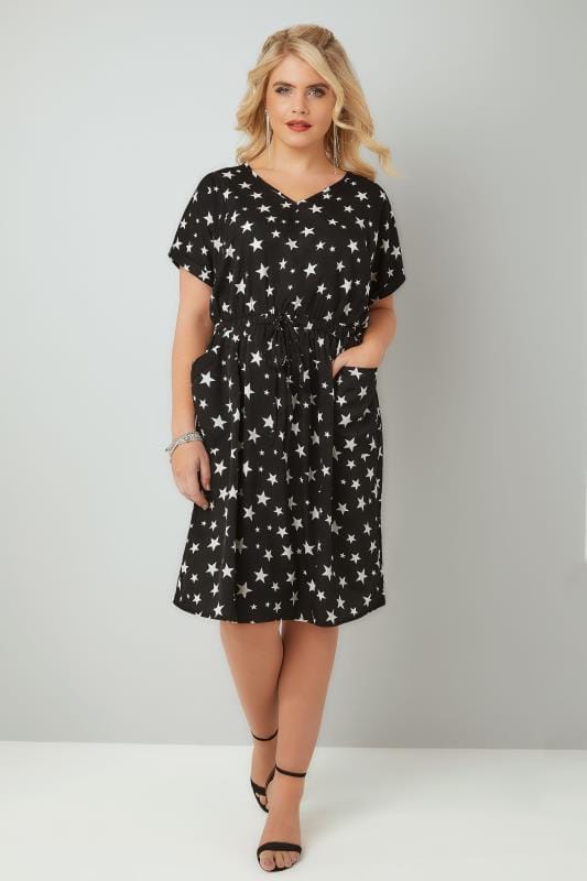 Black & White Star Print Woven T-Shirt Dress, Plus size 16 to 36