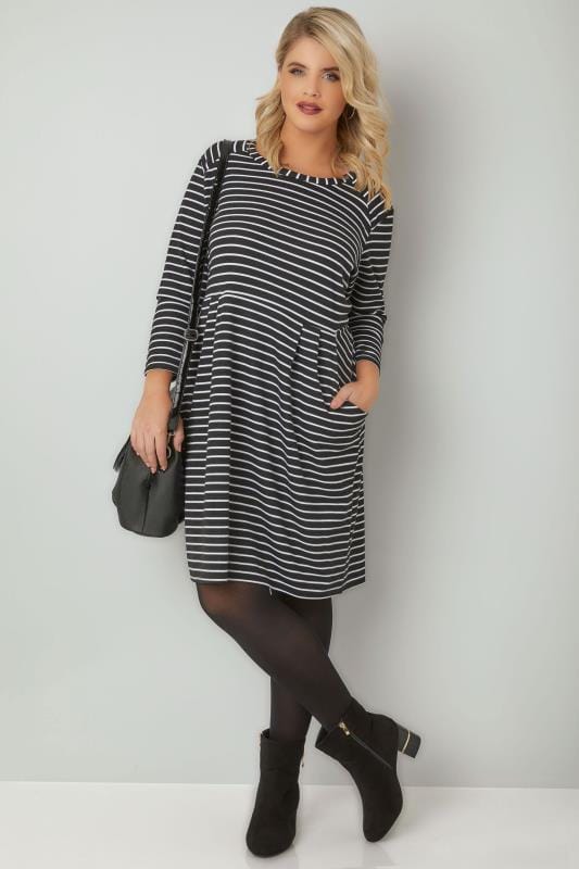 Black & White Striped Dress With Pockets, Plus size 16 to 36