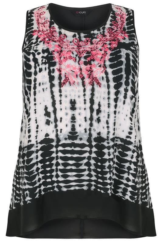 Black & White Tie Dye Print Sleeveless Top With Florescent Embroidery ...