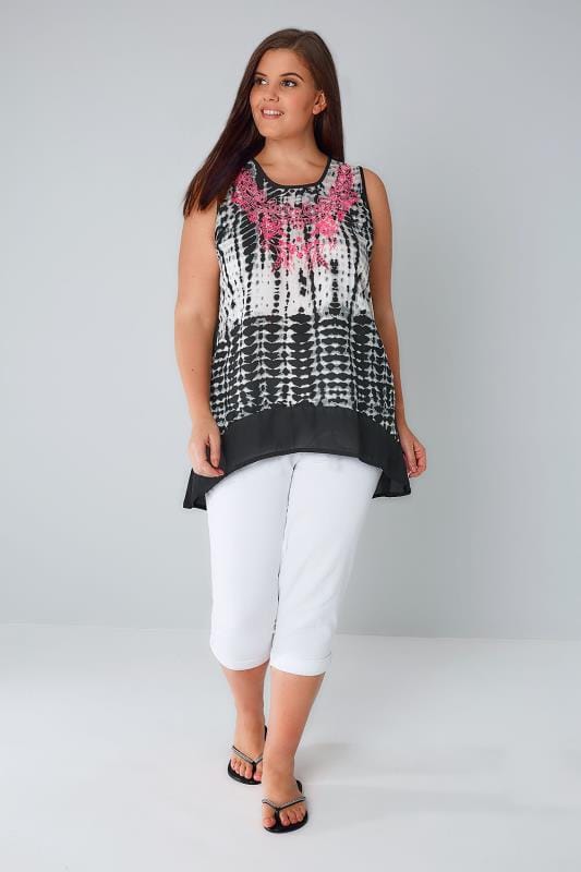 Black & White Tie Dye Print Sleeveless Top With Florescent Embroidery ...