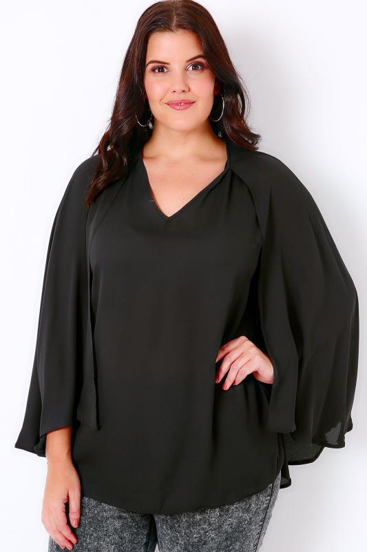 Black Woven Sleeveless Top With V-Neck & Cape Detail, Plus Size 16 to 32