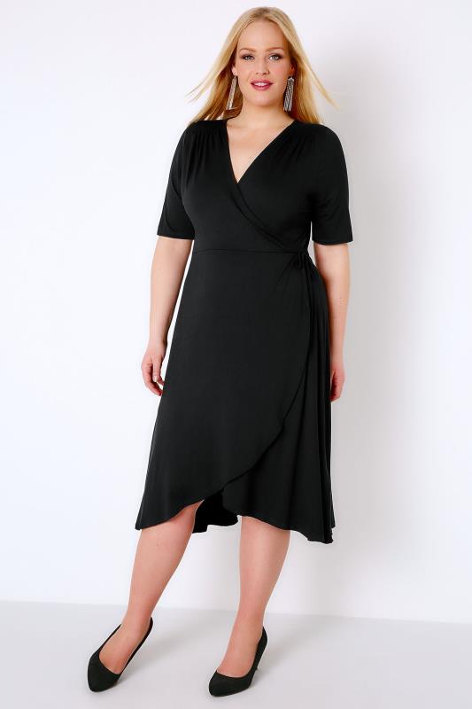 Black Wrap Dress With Short Sleeves, Plus size 16 to 32