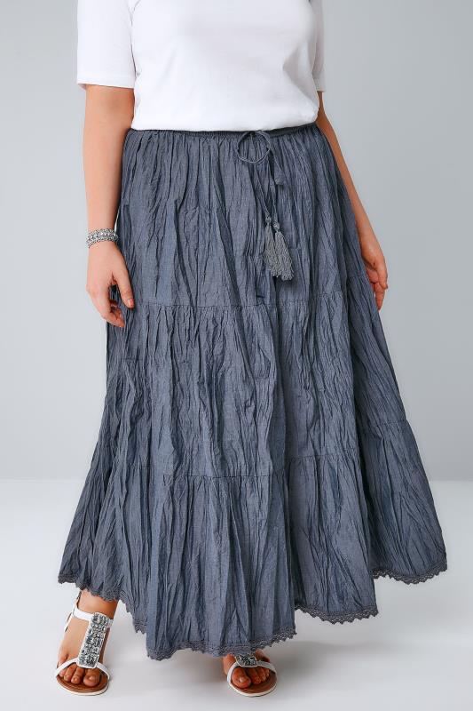 Blue Chambray Tiered Crinkle Maxi Skirt Plus Size 16 To 36 6286