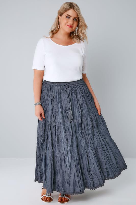 Blue Chambray Tiered Crinkle Maxi Skirt, Plus size 16 to 36