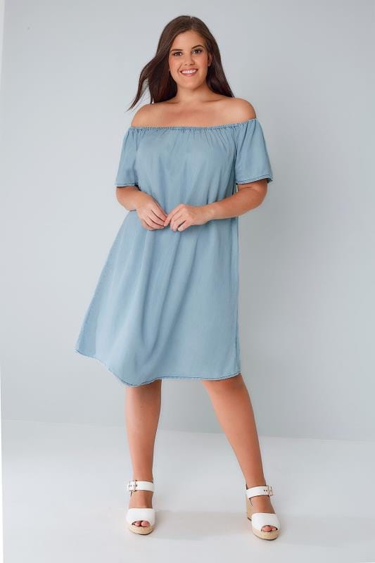 Blue Denim  Chambray Bardot Swing Dress  Plus  size  16 to 36