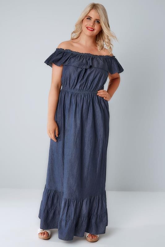 Blue Denim  Chambray Frill Maxi  Dress  Plus  size  16 to 36