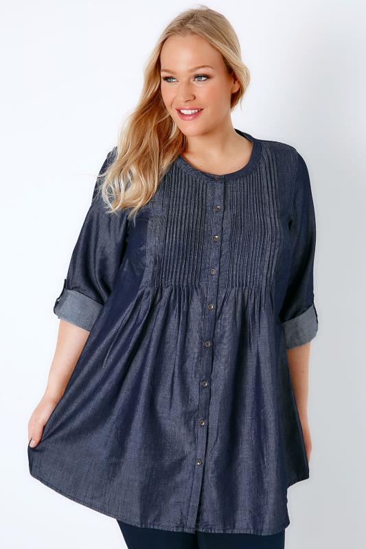 Blue Denim Longline Shirt With Pintuck Detail Plus Size