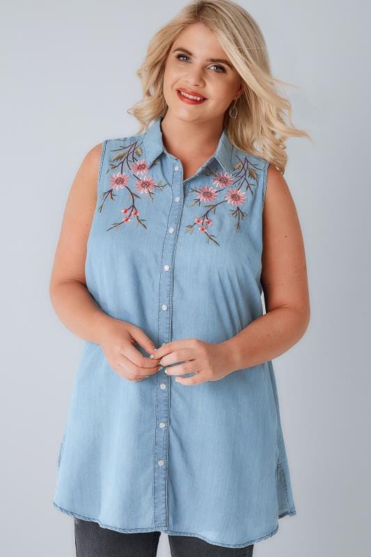 Blue Denim Sleeveless Shirt With Floral Embroidery, Plus size 16 to 36