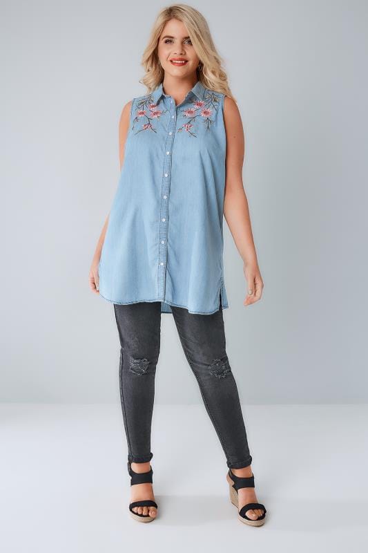 Blue Denim Sleeveless Shirt With Floral Embroidery, Plus size 16 to 36