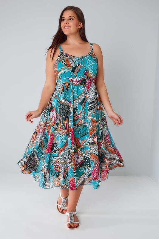 Blue & Multi Bright Pattern Dress With Embellished
