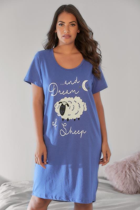 Blaues Nachthemd Mit Schaf And Slogan Druck Plus Size Größen