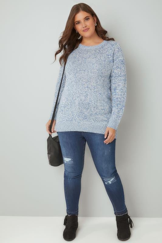 Baby Blue & White Textured Jumper With Dipped Hem, Plus size 16 to 36