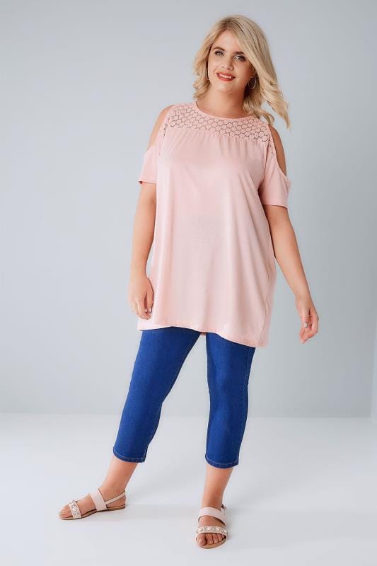 Blush Pink Cold Shoulder Jersey Top With Lace Yoke Plus size 16 to 36