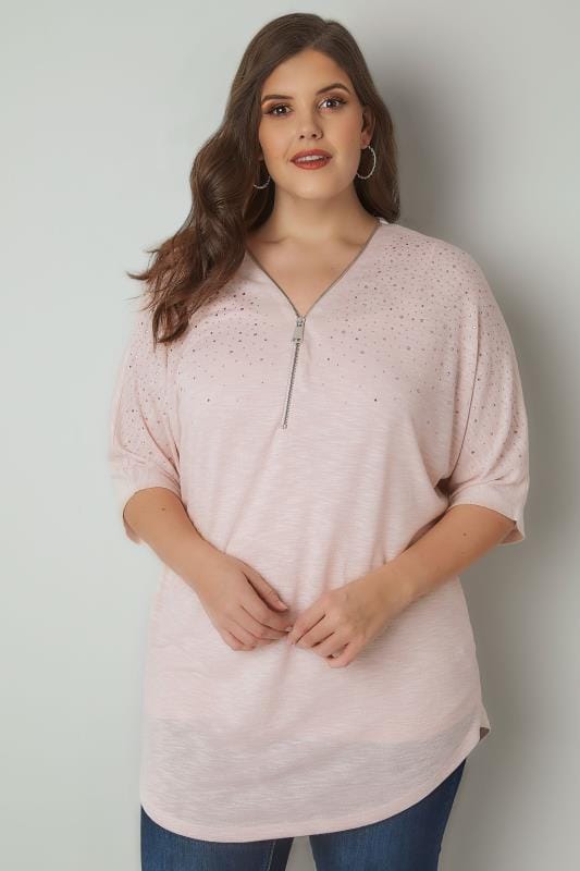 Pink Marl Long Sleeved V-Neck Jersey Top, Plus size 16 to 36