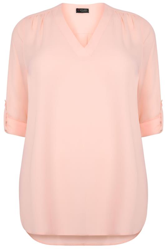 Blush Pink V-Neck Blouse With Roll Up Sleeves & Pocket Detail plus size ...