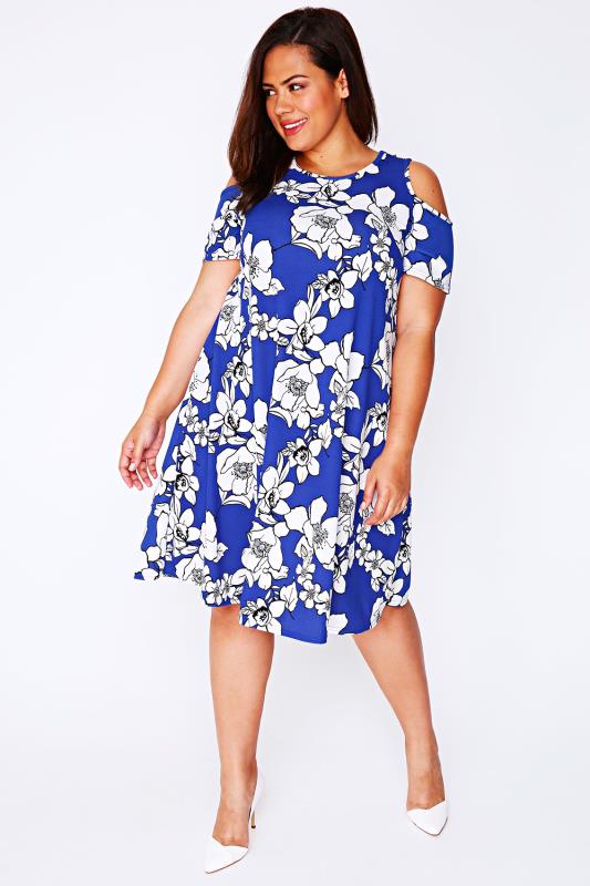 Bright Blue & White Floral Print Cold Shoulder Swing Dress Plus Size 16 ...