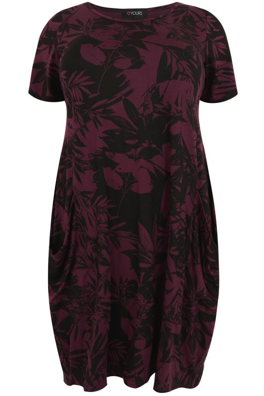 Burgundy & Black Floral Print Jersey Dress With Drop Pockets Plus size