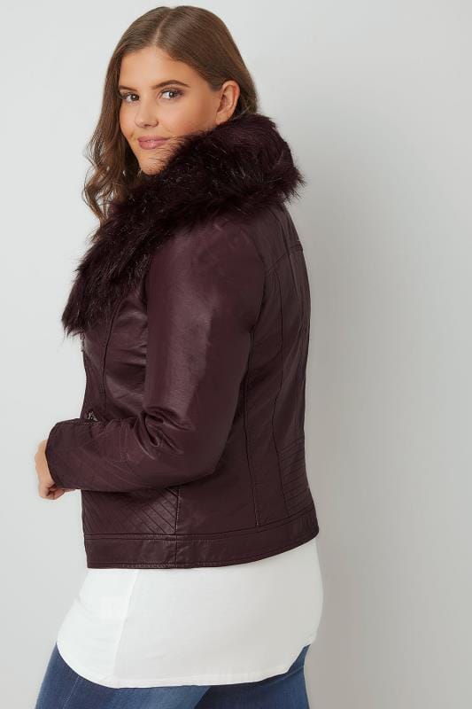 Burgundy PU Leather Look Biker Jacket With Faux Fur Collar, Plus size ...