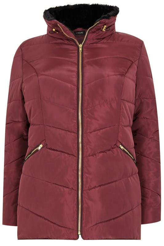 Burgundy Short Quilted Puffer Jacket With Foldaway Hood, Plus size 16 to 36