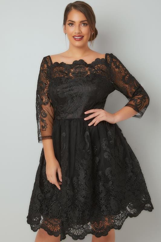 CHI CHI Black Divya Lace Bardot Prom Dress, Plus size 16 to 26