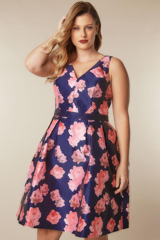 CHI CHI Navy & Pink Floral Dress With Plunge Front, Plus size 16 to 26