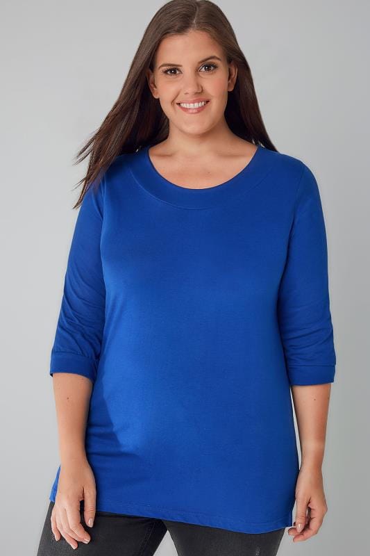 Cobalt Blue Scoop Neckline Basic T-Shirt With 3/4 Sleeves plus Size 16 ...