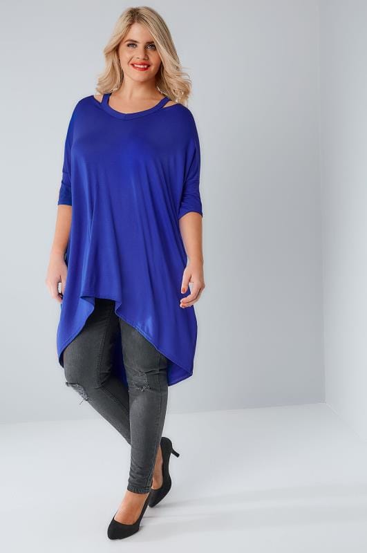 Cobalt Blue Split Neck Top With Extreme Dipped Hem, Plus size 16 to 36