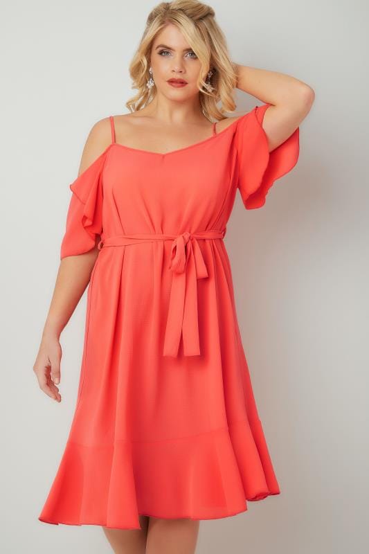Coral Cold Shoulder Swing Dress With Frill Hem Plus Size