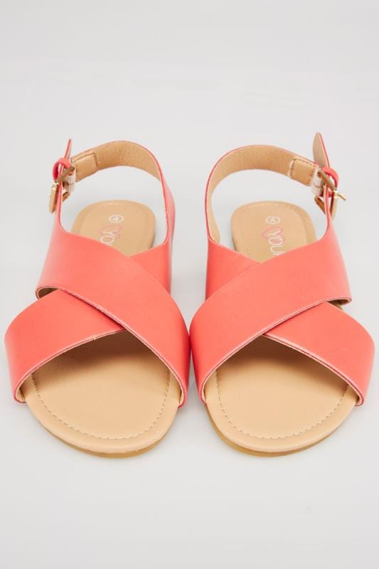 Coral Cross Over Flat Sling Back Sandals With Gold Buckle In EEE Fit ...