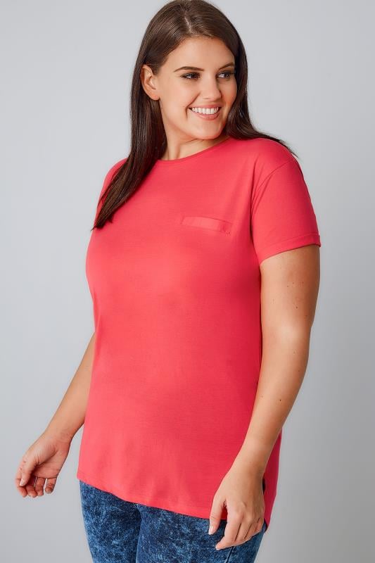 Coral Pocket T-Shirt With Curved Hem, Plus size 16 to 36
