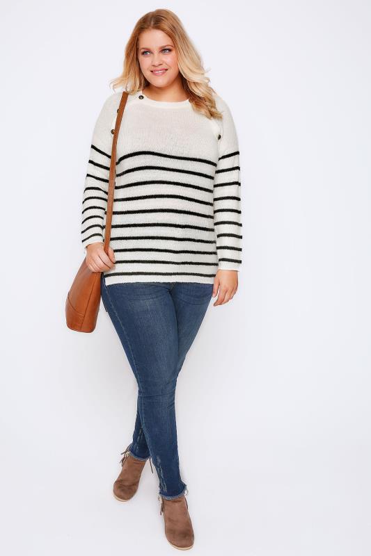Cream And Black Stripe Knit Jumper With Bronze Buttons Plus