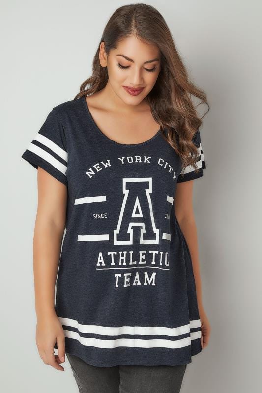 Download Dark Blue Slogan Print Varsity T-Shirt, plus size 16 to 36