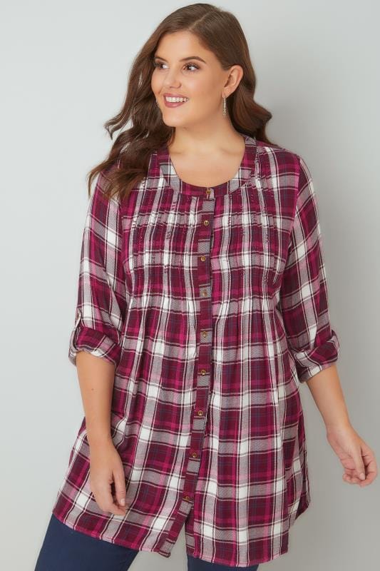 Dark Pink Checked Longline Embellished Top With Pintuck