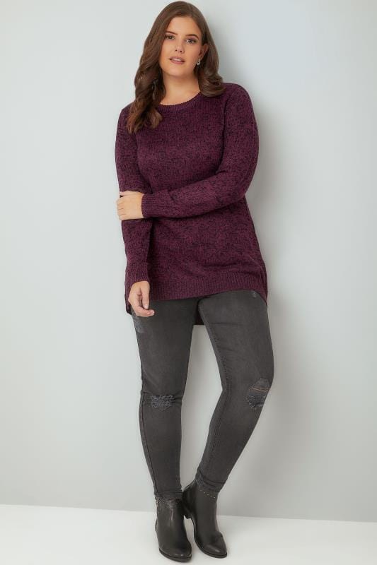 Dark Purple Textured Jumper With Dipped Hem, Plus size 16 to 36