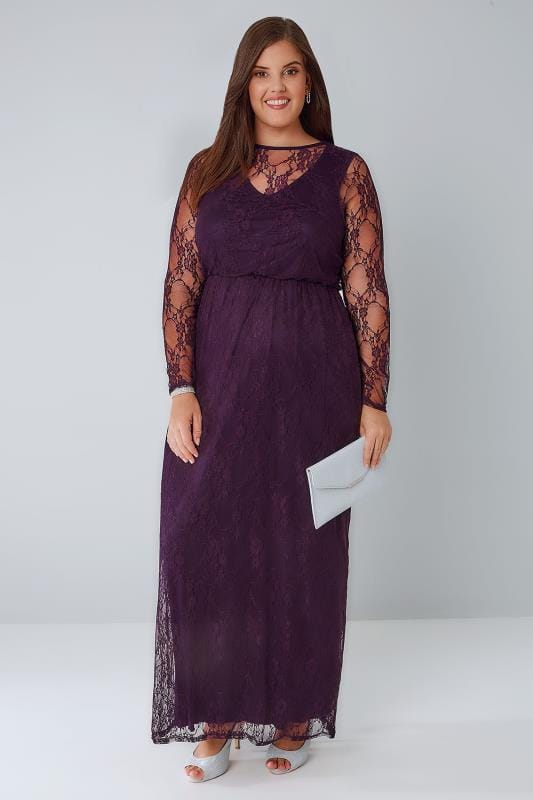 Deep Purple Lace Long Sleeve Maxi Dress With Elasticated Waist, Plus ...