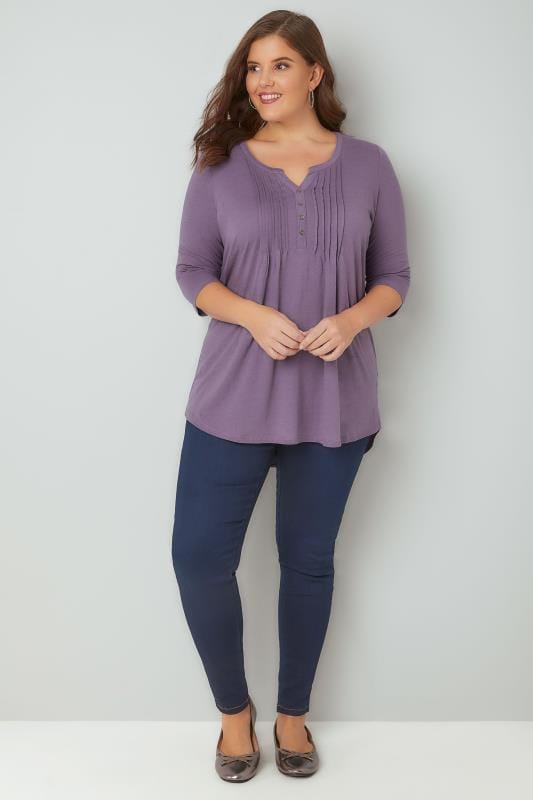 Dusky Purple Pin Tuck Jersey Top With 3 4 Sleeves Plus