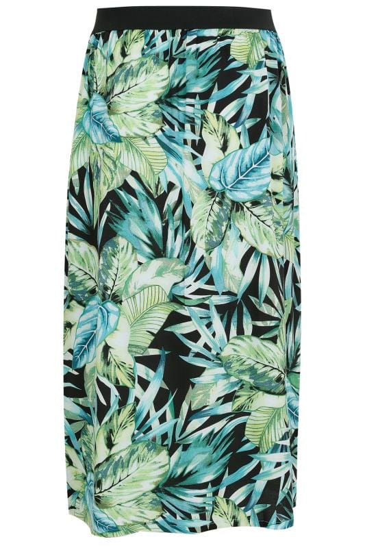 Green & Black Palm Leaf Print Wrap Midi Skirt, Plus size 16 to 36