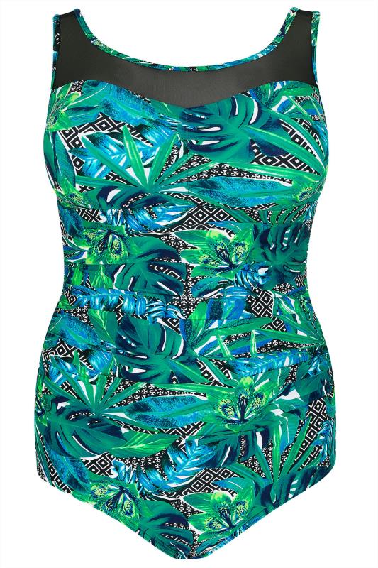 Green & Multi Jungle Print Swimsuit With Mesh Insert, Plus size 16 to 36